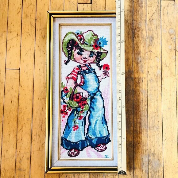 70s Big Eye Prairie Girl Needlepoint Wall Hanging Vintage Cross Stitch Fiber Art - Picture 11 of 12